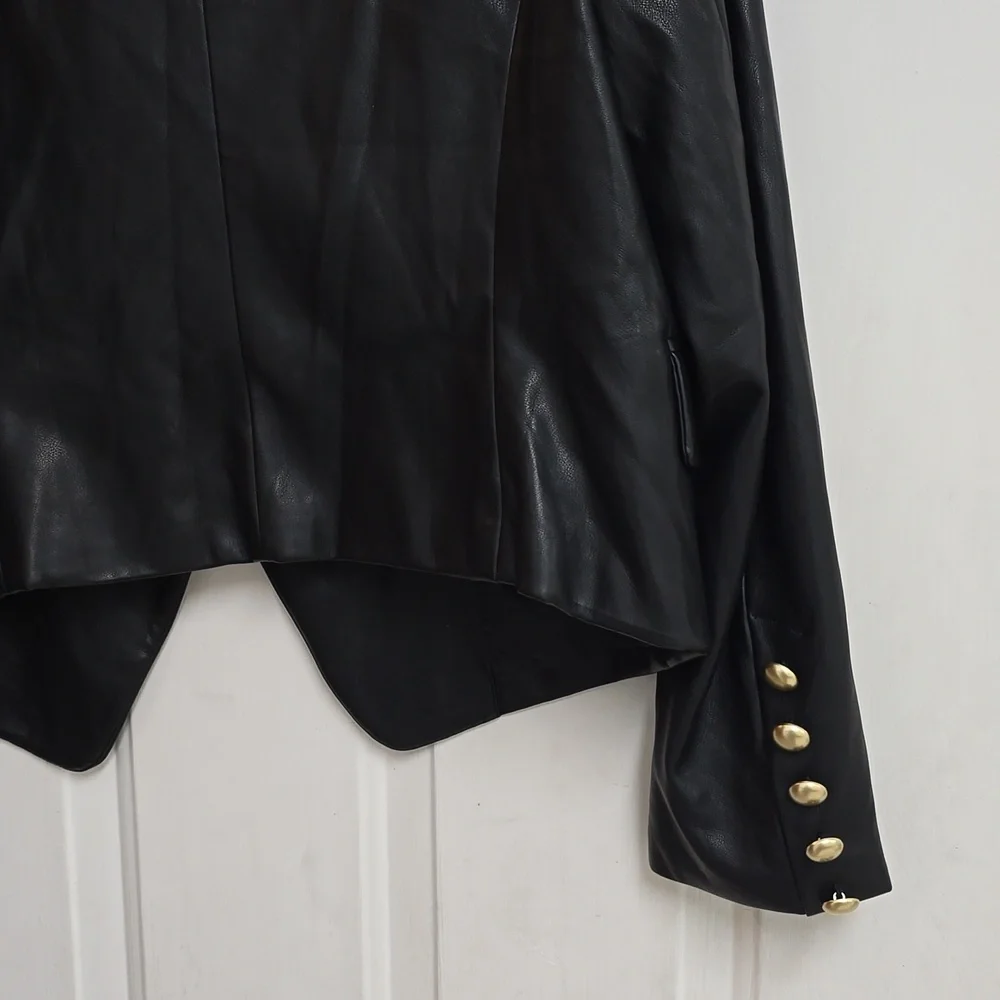 AVEC LES FILLES Double Breasted Faux Leather Blazer In Black